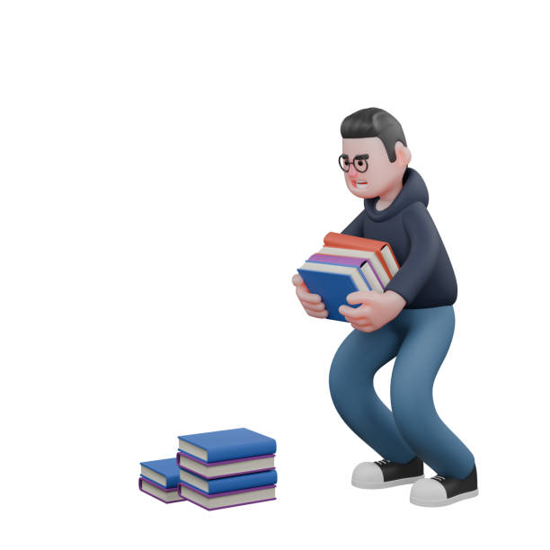 istock Professional Male Programmer. A male programmer is squatting down to take 4 stacks of books from several stacks in front of him. 3D Tech Illustration 2176038452