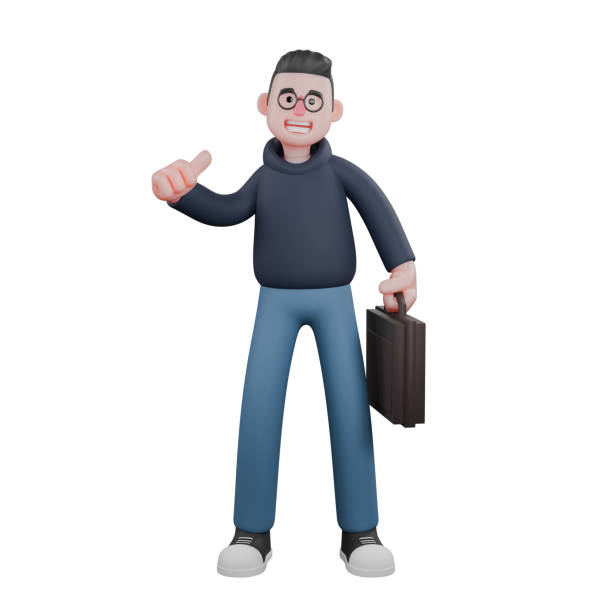 istock 3D Cartoon of Male Programmer. A male programmer is standing holding a briefcase in his left hand and raising his right thumb. Professional 2176038624