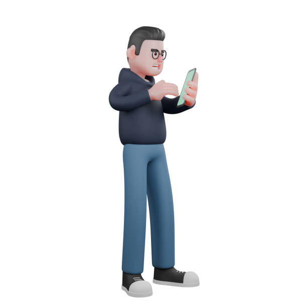 istock Cartoon Professional Programmer. A male programmer is standing facing left holding a cellphone in his left hand. 3D Male 2176038790