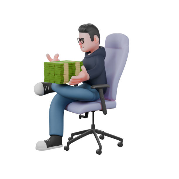 istock Programmer Male Professional. A male programmer is sitting on a gaming chair with his left leg on top of his right leg and both hands holding a stack of money on top of his left leg. 3D Tech Illustration 2176039003