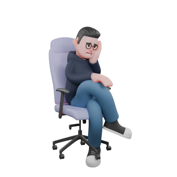 istock Tech Illustration. A male programmer is sitting on a work chair with his legs crossed and his left palm supporting his head while his right hand is on his knee, as if he is sad or imagining something. 3D Male Programmer 2176039600