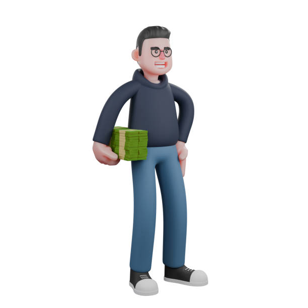 istock Male Tech Professional in 3D. A male programmer is standing with his right hand carrying various stacks of money and his left hand on his waist. Programmer Cartoon 2176040028