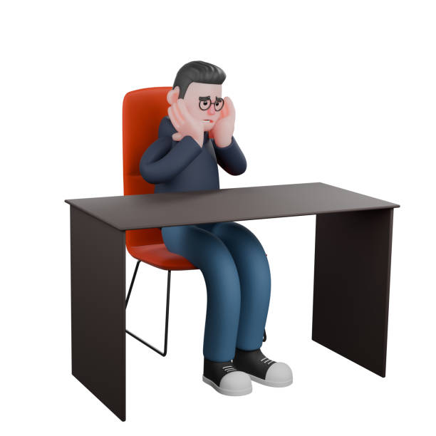 istock Programmer in 3D. A male programmer is sitting on his desk chair with both hands holding his cheeks. Male Professional 2176040106