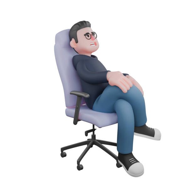 istock 3D Tech Programmer Male. A male programmer is sitting on the work chair with his legs crossed while his right hand is on his knees. Professional Illustration 2176040165
