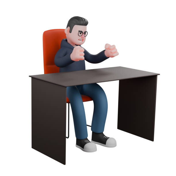 istock 3D Male Programmer in Action. A male programmer is sitting on his desk chair while his hands are clenched on the table. Professional Tech 2176040202