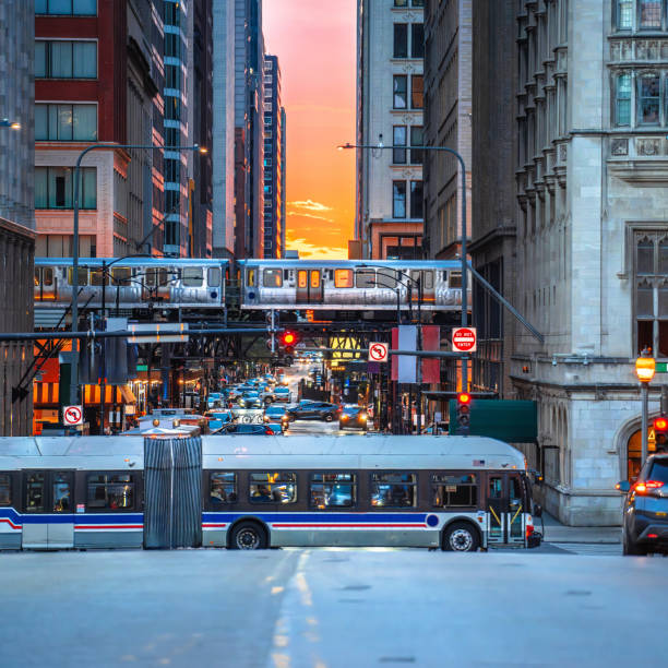Chicago street rush sunset view, Illinois, USA