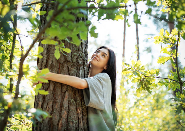 istock Young woman embracing a tree while enjoying nature in a sunlit forest during summer 2176048787