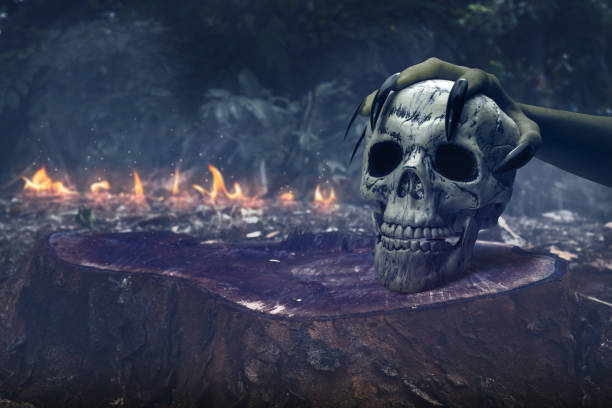 istock Witch hand with long black nail holding human head skull on log surrounded by flames for ritual, gives the image a spooky and scary mood. Evil, satan, zombie or monster hand 2176049697