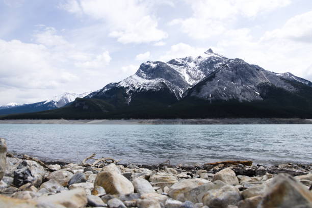 Mountain behind a lake and rocks near rocky mountain house.