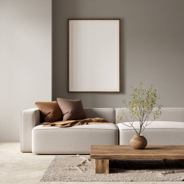 istock Mock up poster frame in boho style decorated livinig room. Modern, authentic Interior design of living room with wooden furnitures. 3D illustration 2176051415