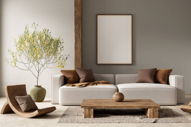 istock Mock up poster frame in boho style decorated livinig room. Modern, authentic Interior design of living room with wooden furnitures. 3D illustration 2176051420