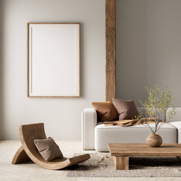 istock Mock up poster frame in boho style decorated livinig room. Modern, authentic Interior design of living room with wooden furnitures. 3D illustration 2176051432