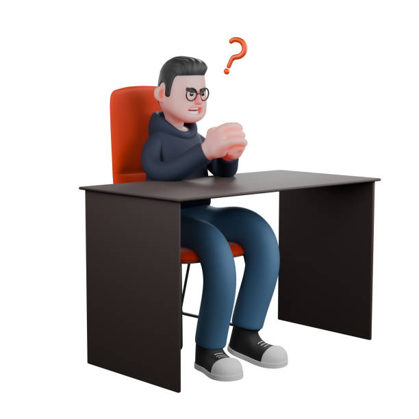 istock Cartoon Illustration. A male programmer is sitting on his desk chair while both hands are clasped together and in front of his head there is a question mark symbol. Programmer in 3D 2176051910