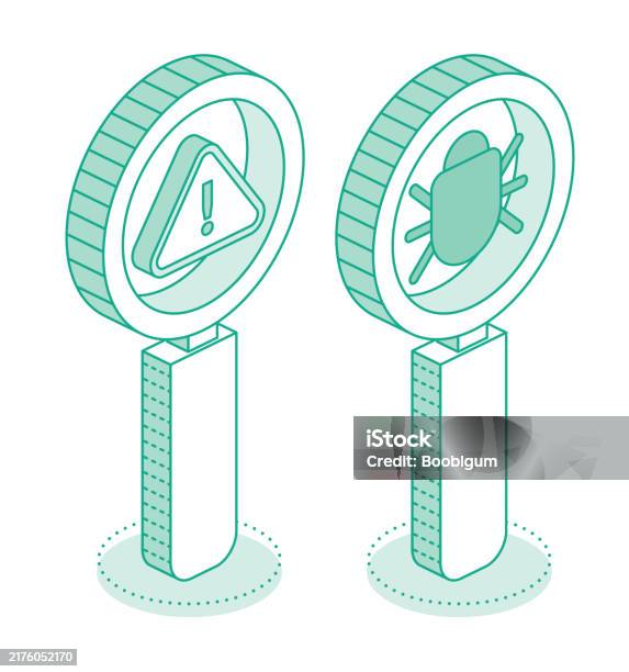 Debugging Magnifying Glass With Bug And Exclamation Mark Isolated On ...