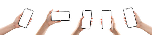 istock Clipping path, Gesture of hand holding smartphone with a blank screen, mock-up for application mobile, modern design. 2176052819