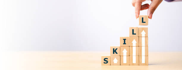 istock skills icon on wooden cube. Upskilling and personal development concept. Skill training, education, learning, ability. Upskilling, reskilling, 2176055267