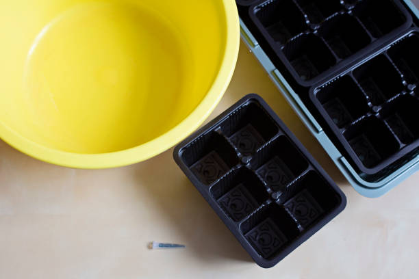 Containers for seedlings, a large yellow basin for soil. Concept of planting seedlings at home