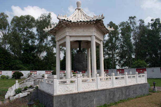 A Serene View of a Traditional Courtyard with Ancient Architecture Surrounded by Lush Greenery and a Clear Blue Sky
