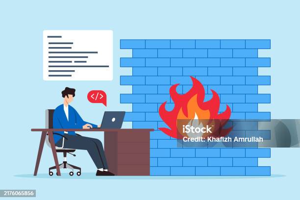 Flat Illustration Of Hacker Typing Code On Laptop With Cybersecurity ...
