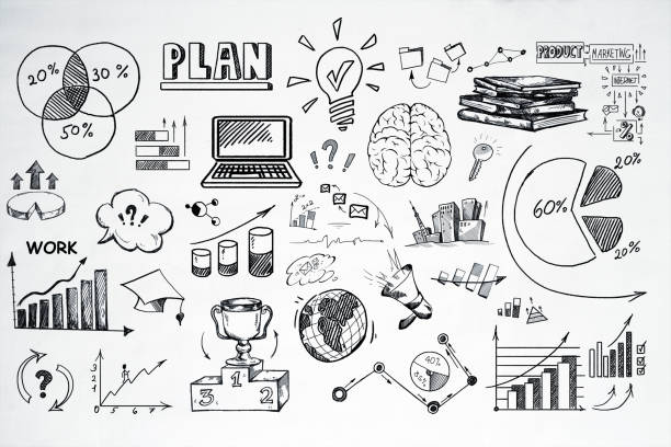 Hand-drawn business strategy sketches and diagrams on a white background. Concept of planning, market research, and entrepreneurship. 3D Rendering