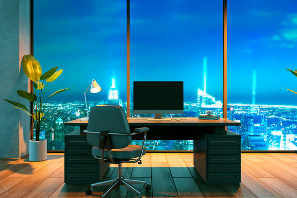 istock Modern Office with Night City Skyline View. 3D Rendering 2176066344