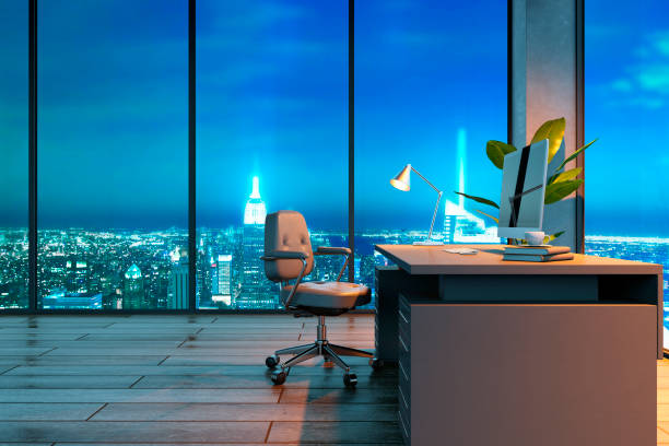 istock Modern office interior at night with panoramic city view. 3D Rendering 2176066354