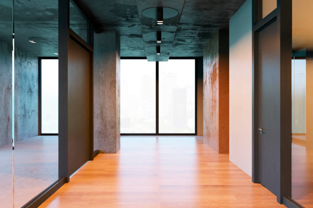 istock Modern interior office corridor with large windows and glass walls. 3D Rendering 2176066443