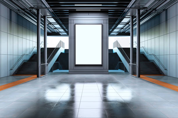 Blank billboard in a modern subway station with stairs on each side. 3D Rendering