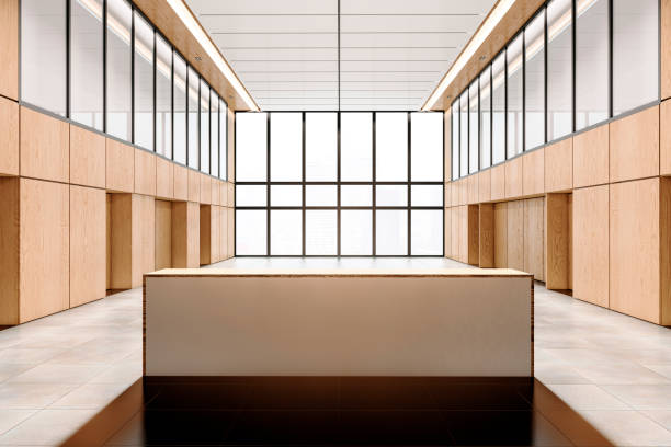 istock Modern office lobby with wooden finishes and large windows. 3D Rendering 2176066544