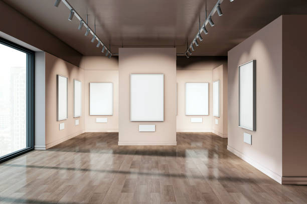 istock Modern empty gallery with framed posters on beige walls. 3D Rendering 2176066550