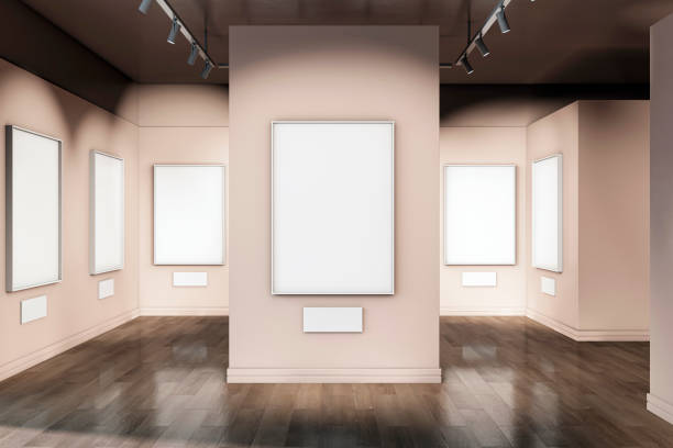istock Modern gallery interior with blank white posters on beige walls. 3D Rendering 2176066556