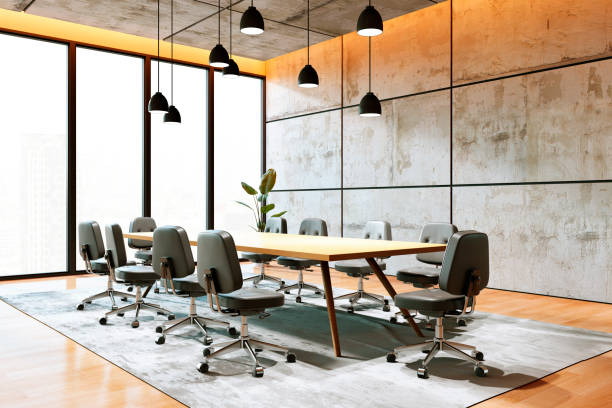 istock Modern conference room with large windows and sleek design. 3D Rendering 2176066640
