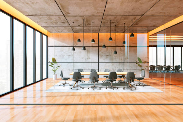 istock Modern conference room with glass partitions and city view. 3D Rendering 2176066641