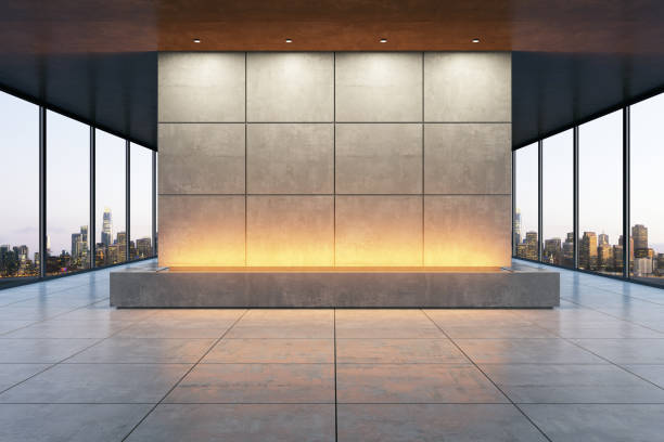 istock Modern empty exhibition room with concrete wall and city skyline view. 3D Rendering 2176066761
