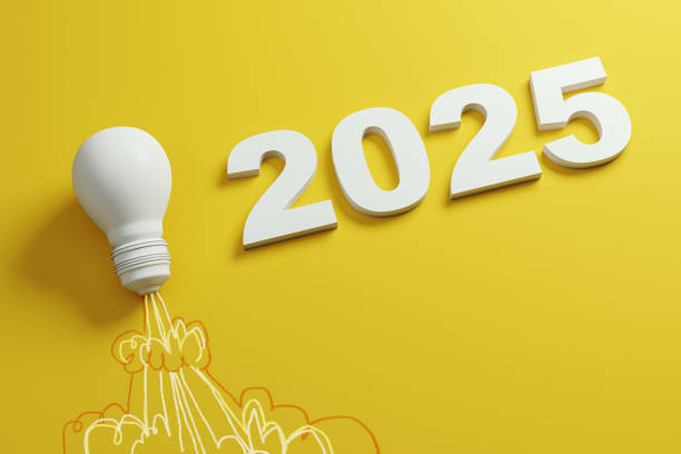 istock Lightbulb and 2025 text on yellow background, symbolizing innovation and new ideas. 3D Rendering 2176066773