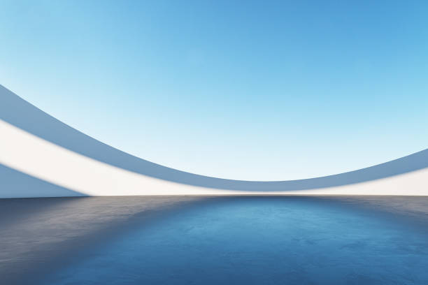 istock Modern, minimalistic architectural space with curved walls and blue sky backdrop. 3D Rendering 2176066795