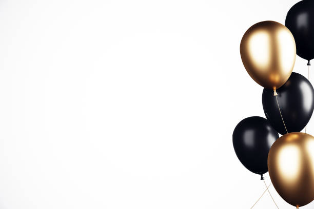 Black and gold balloons floating against a clean white backdrop. 3D rendering showcasing a festive and elegant celebration concept