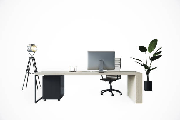 istock Modern minimalist office desk setup with computer, lamp, and plant. 3D Rendering 2176066862