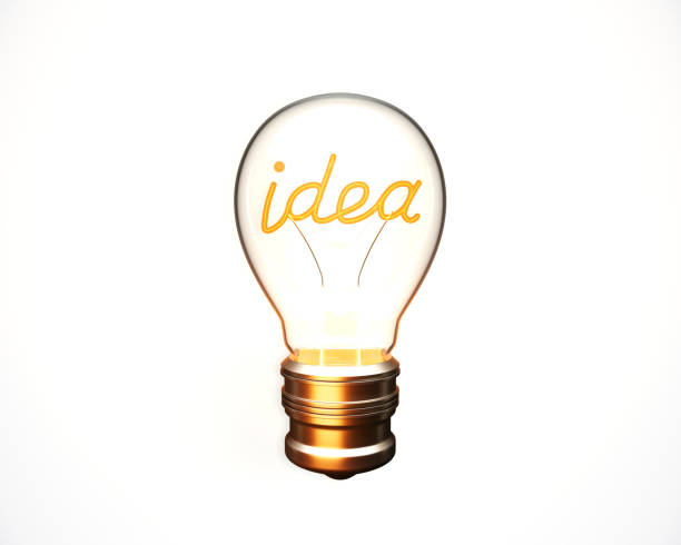 A 3D rendering of a light bulb with a glowing filament spelling idea on a white background. Concept of creativity and innovation