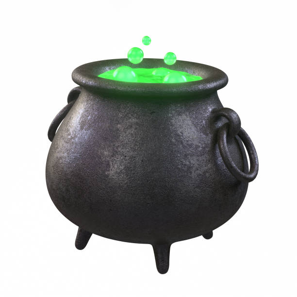 istock Black witch cauldron filled with a bubbling green potion isolated object on white background for Halloween party concept in 3D cartoon illustration 2176071639