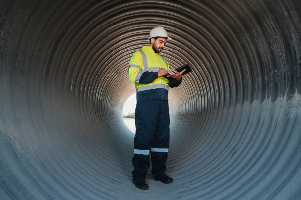 istock Engineers inside a massive steel pipe forming the foundation of a tunnel, collaborating on the construction of a pipeline designed to transport oil, natural gas, and fuel within an industrial facility. 2176072789