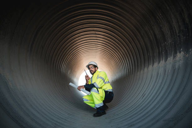 istock Engineers working inside a large steel pipe of a tunnel foundation. Workers involved in constructing a pipeline for transporting oil, natural gas, and fuel at an industrial factory. 2176073077