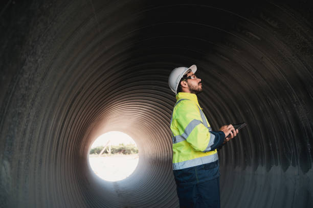 istock Engineers working inside a large steel pipe of a tunnel foundation. Workers involved in constructing a pipeline for transporting oil, natural gas, and fuel at an industrial factory. 2176073678