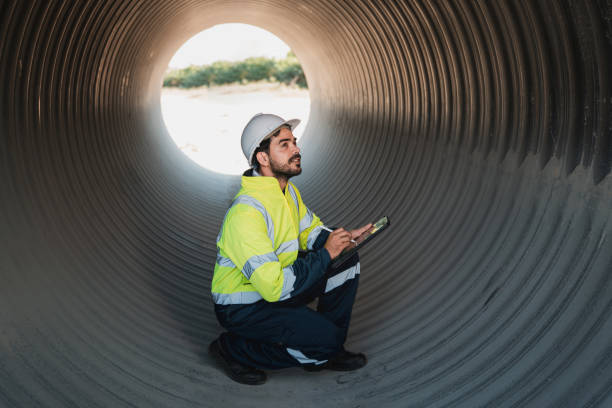 istock Engineers working inside a large steel pipe of a tunnel foundation. Workers involved in constructing a pipeline for transporting oil, natural gas, and fuel at an industrial factory. 2176073736
