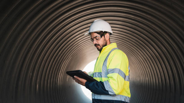 istock Engineers working inside a large steel pipe of a tunnel foundation. Workers involved in constructing a pipeline for transporting oil, natural gas, and fuel at an industrial factory. 2176073850