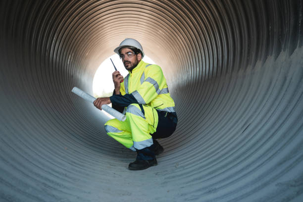 istock Engineers working inside a large steel pipe of a tunnel foundation. Workers involved in constructing a pipeline for transporting oil, natural gas, and fuel at an industrial factory. 2176073957