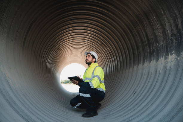 istock Engineers inside a massive steel pipe forming the foundation of a tunnel, collaborating on the construction of a pipeline designed to transport oil, natural gas, and fuel within an industrial facility. 2176074012