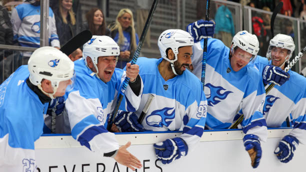 istock Excited Hockey Team Celebrating on the Bench 2176074777