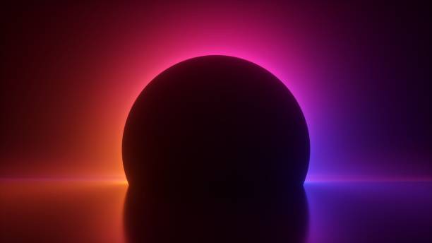 3d render illustration of dark black sphere against a radiant vibrant gradient backdrop. Geometric arch silhouette surrounded by mysterious neon light. Round black hole with ambiance light effect