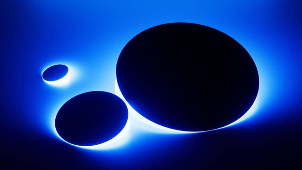 istock 3d render. Abstract geometric wallpaper. Round shape illuminated by bright neon blue light in the dark. The vivid glow creates a striking contrast against the black background. Modern wall lamp 2176076784